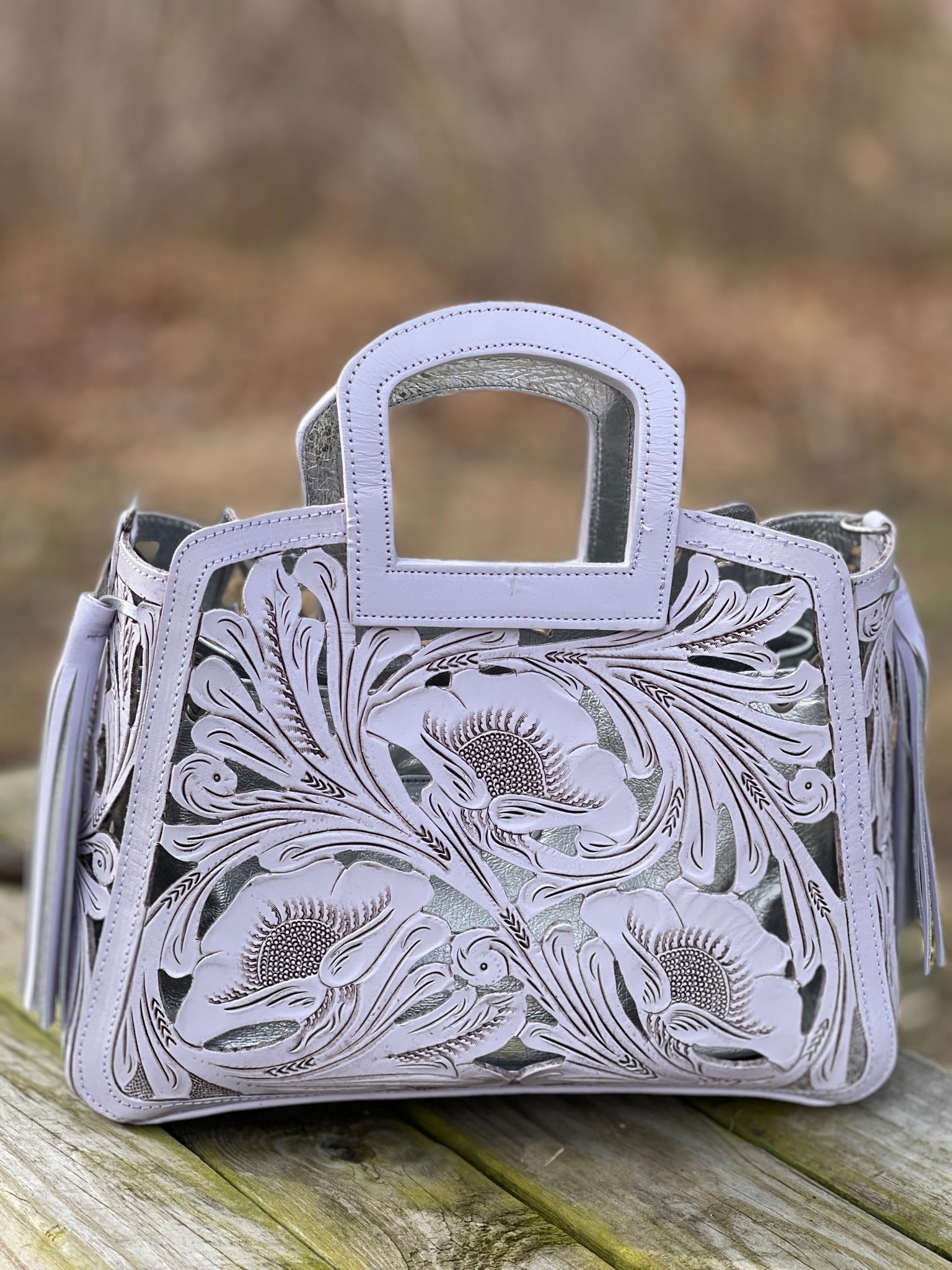 Hand tooled Cut-Out Tooling Leather Small Tote "NOTA FLORAL" by ALLE