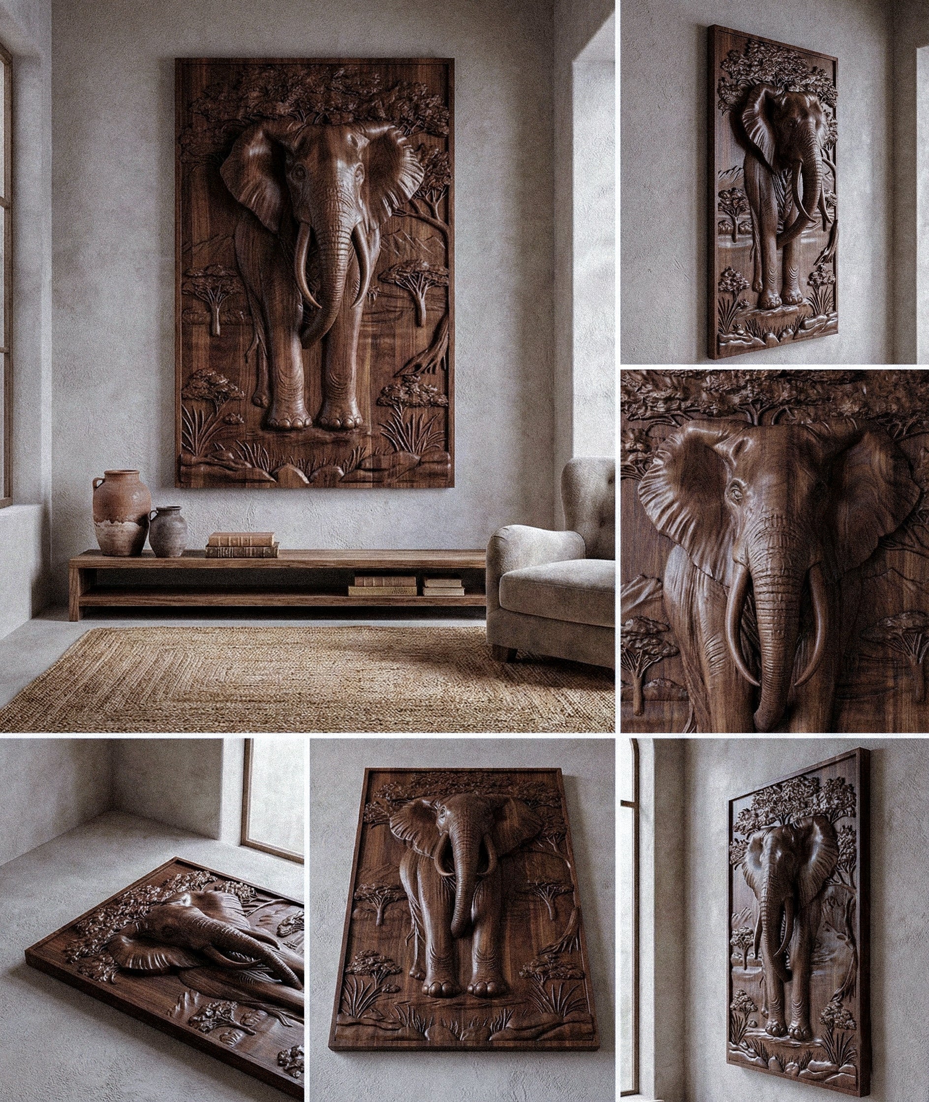 Majestic African Elephant 3D Relief Wood Wall Art