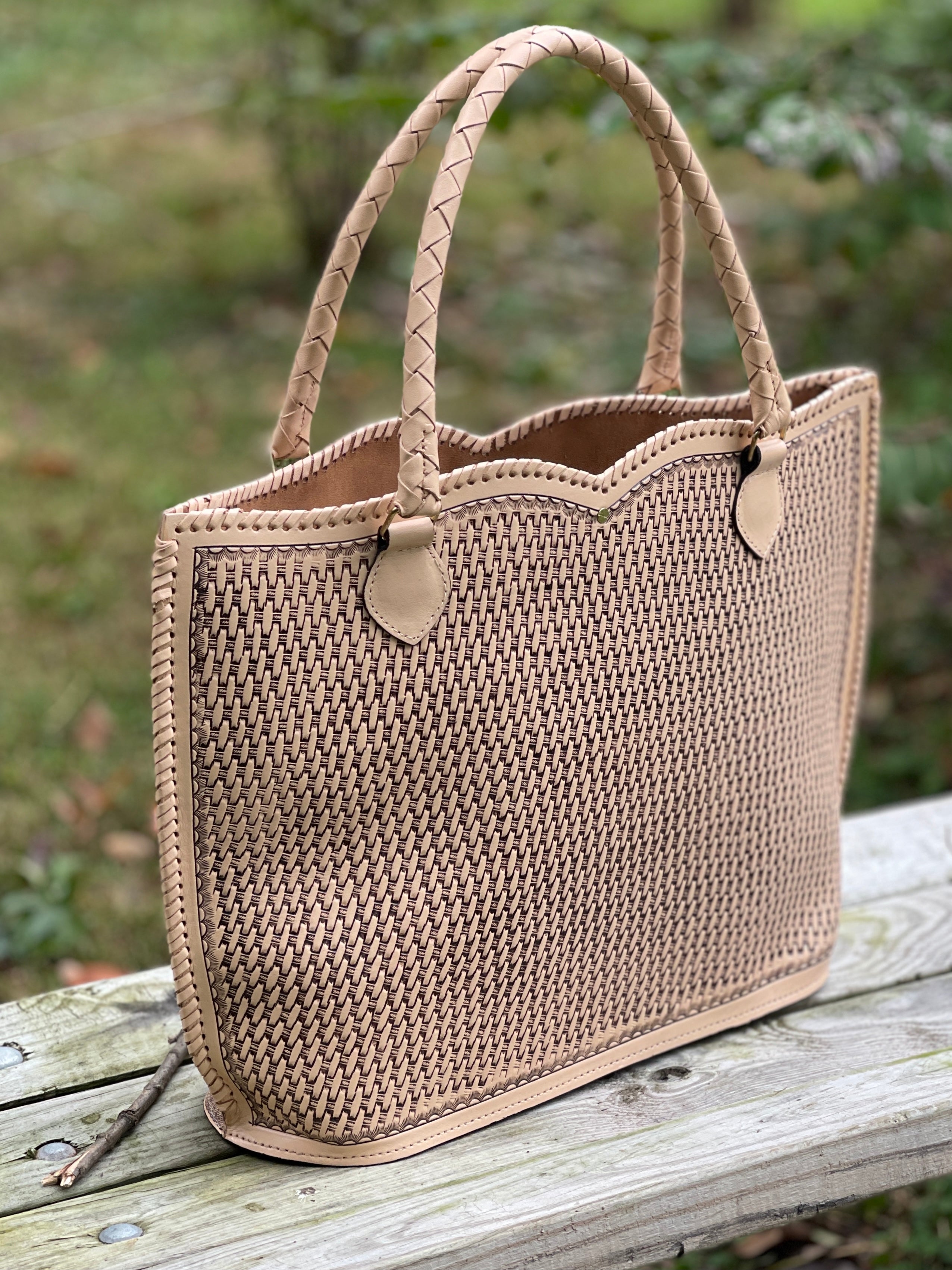 Hand Tooled Leather Extra Large Tote Travel Bag "IBIZA" Beige Color