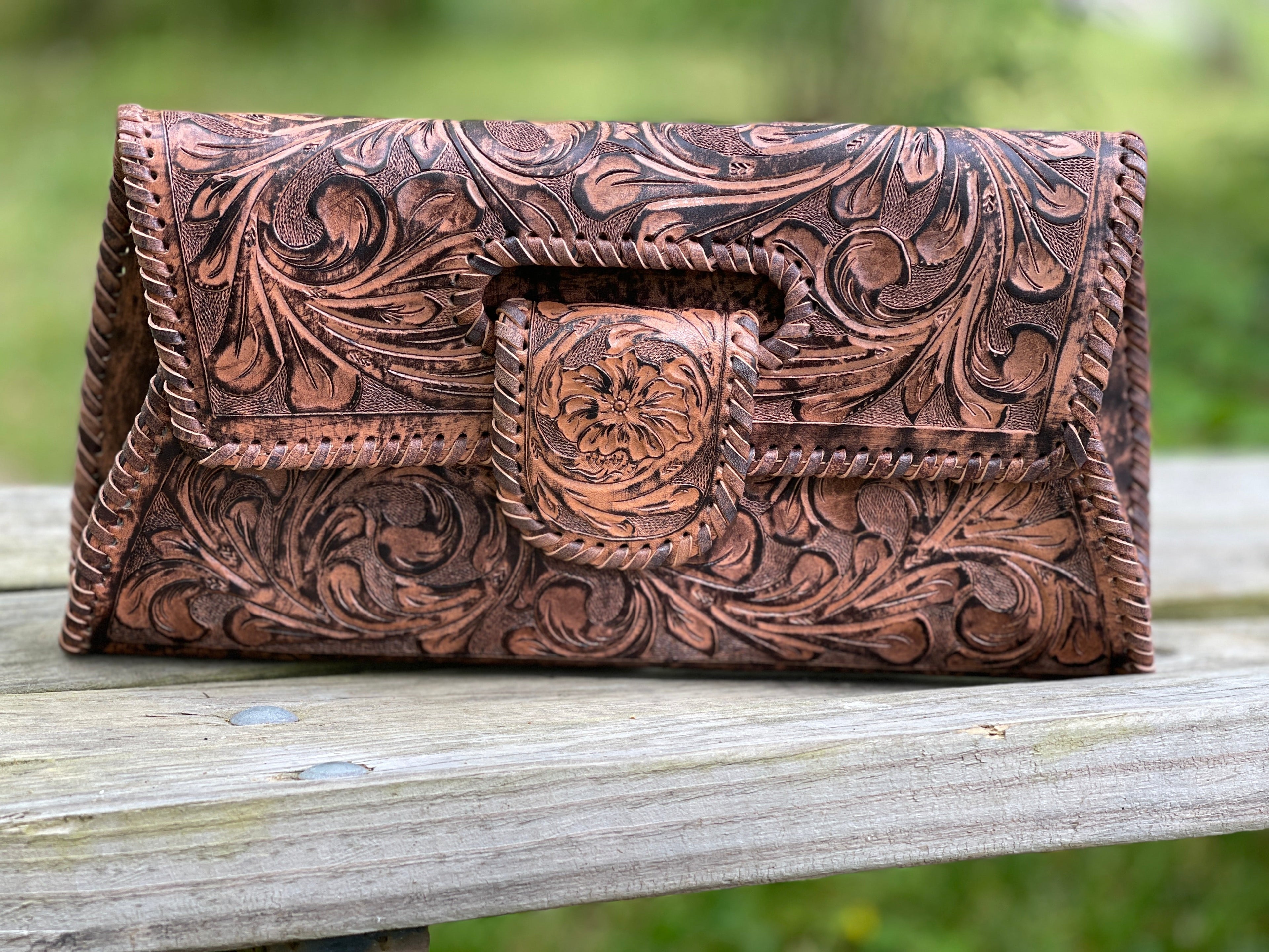 Hand-Tooled Leather Large Crossbody Clutch "LENGUETA" by ALLE