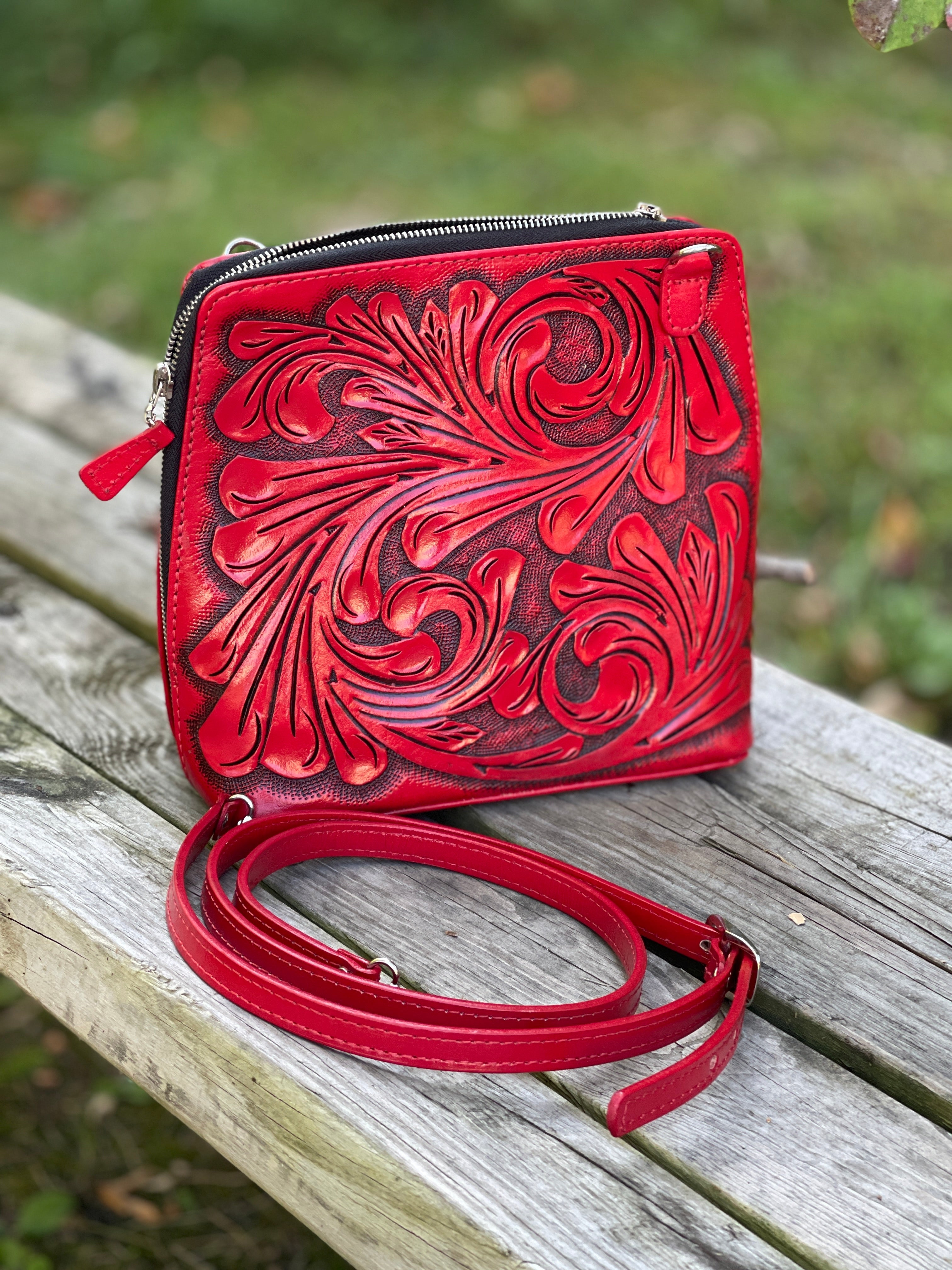 Hand-Tooled Leather Large Crossbody "CATALINA" by ALLE more Colors