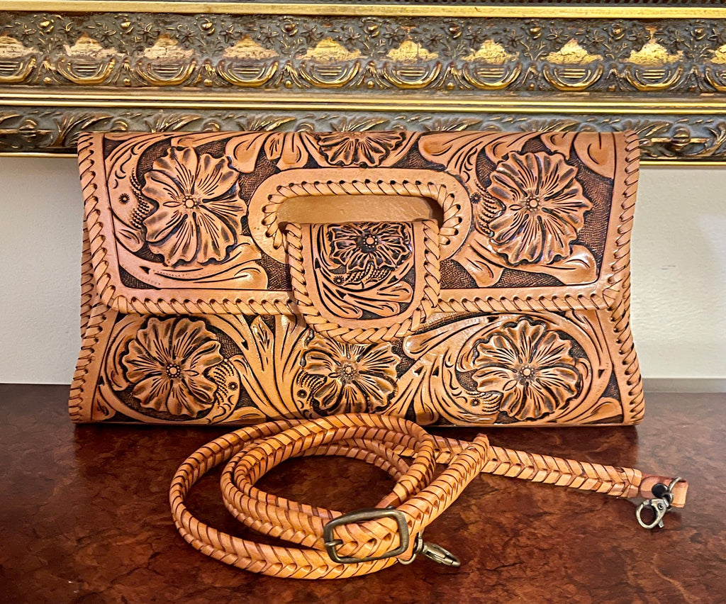 Hand-Tooled Leather Large Crossbody Clutch "LENGUETA" by ALLE