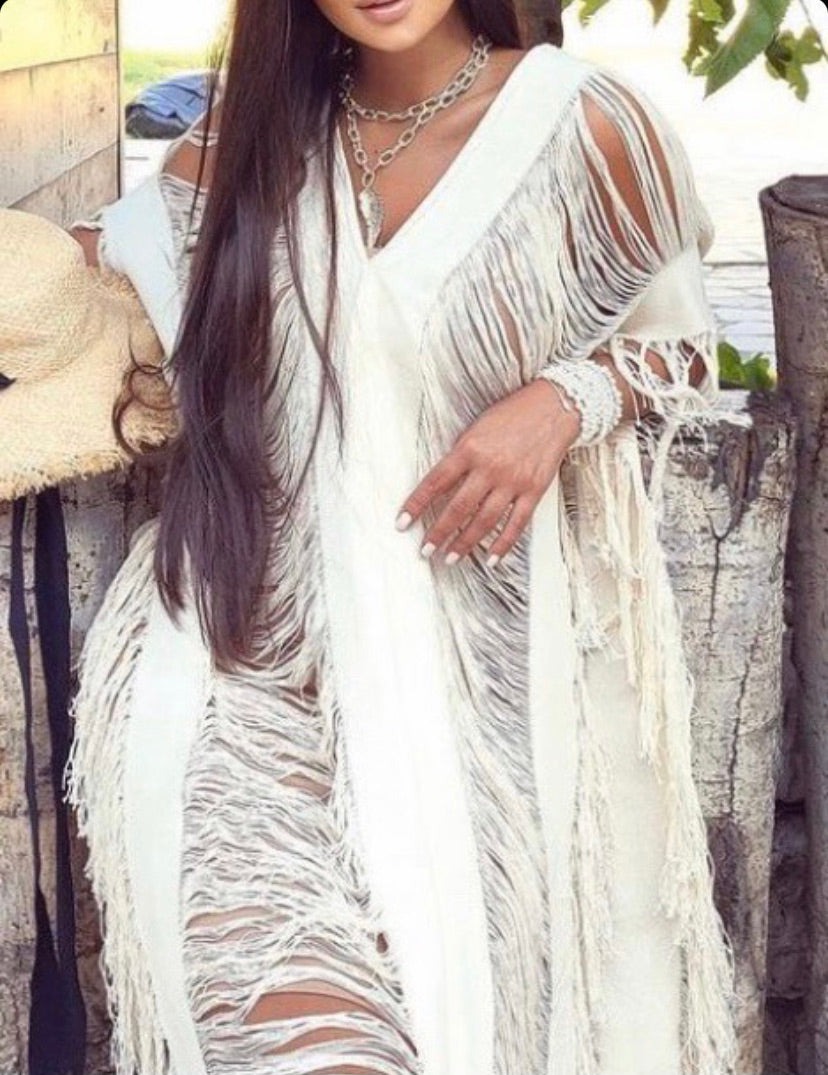Handmade Frayed Maxi Beach Cotton Dress "DALIA", Swim Cover-Up more Colors