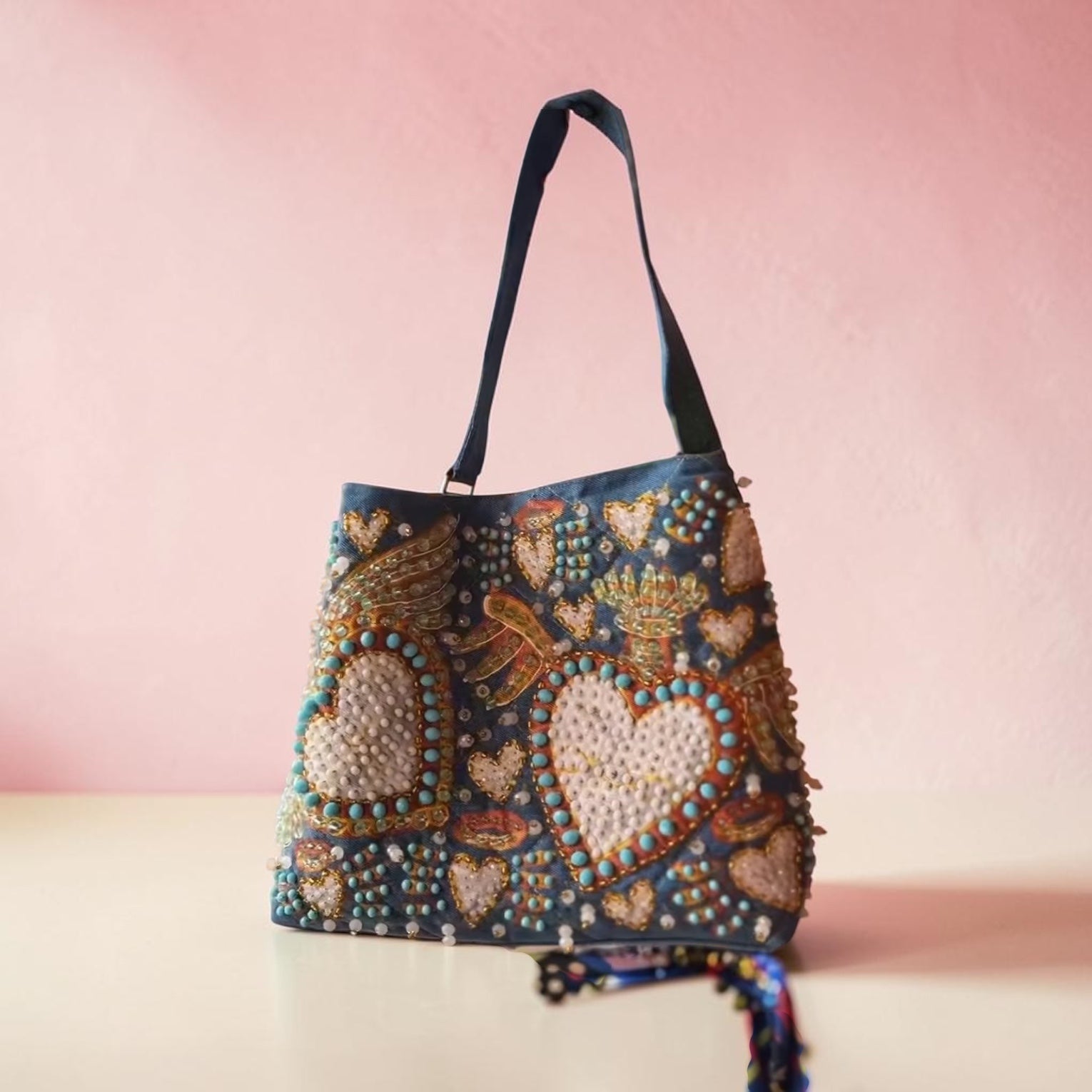 Hand-Painted  & Hand-Embroidered Denim Tote Bag - Piece of Art